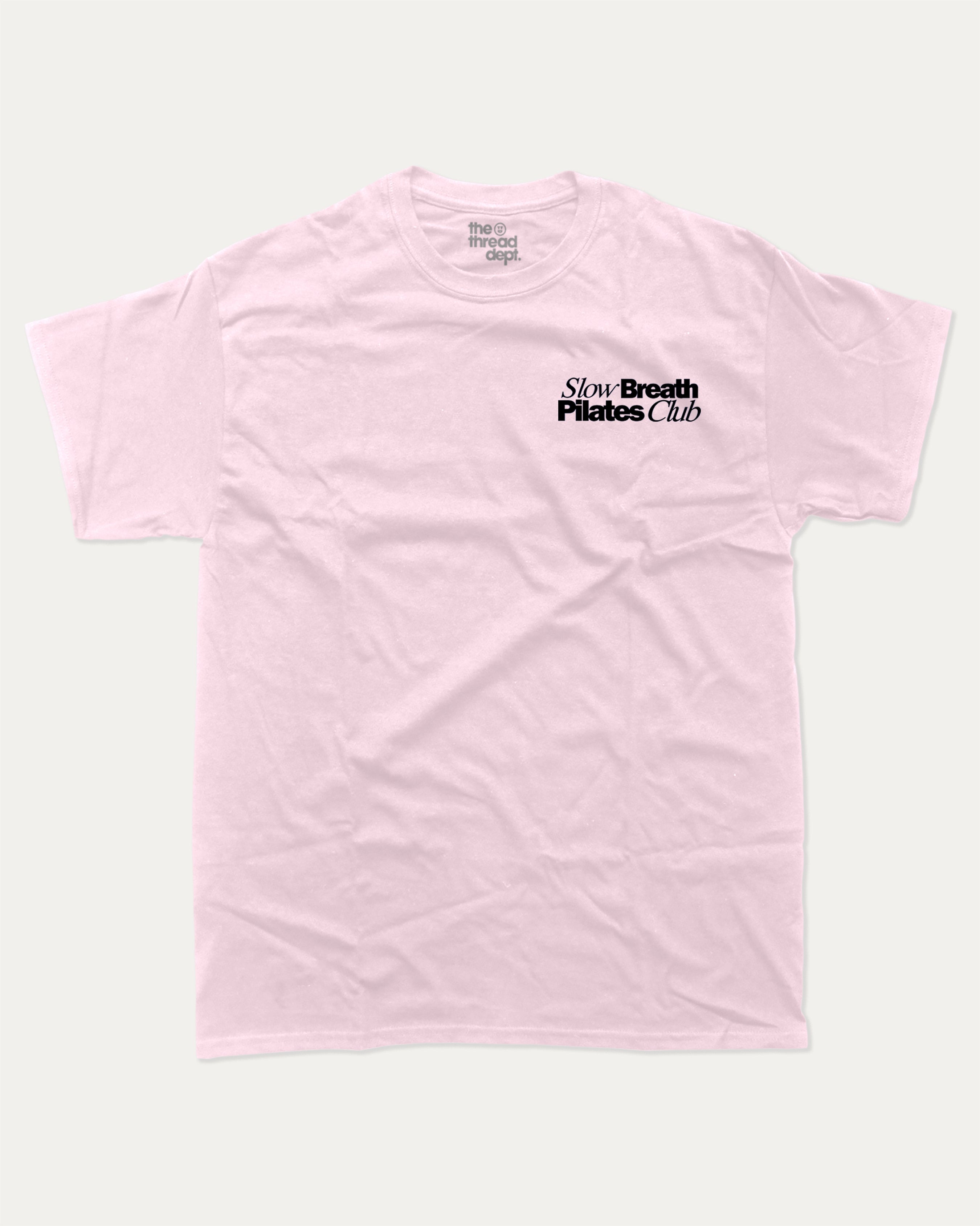 Slow Breath Pilates Club graphic tee with bold and humorous print, Pilates Graphic tee, Excercise Graphic tee, Workout t shirt, Perfect Gift for fit people, funny and trendy graphic. Perfect for adults and gift-giving. Pink shirt.