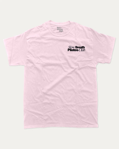 Slow Breath Pilates Club graphic tee with bold and humorous print, Pilates Graphic tee, Excercise Graphic tee, Workout t shirt, Perfect Gift for fit people, funny and trendy graphic. Perfect for adults and gift-giving. Pink shirt.
