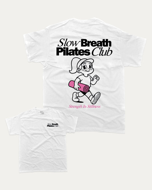 Slow Breath Pilates Club graphic tee with bold and humorous print, Pilates Graphic tee, Excercise Graphic tee, Workout t shirt, Perfect Gift for fit people, funny and trendy graphic. Perfect for adults and gift-giving. White shirt.