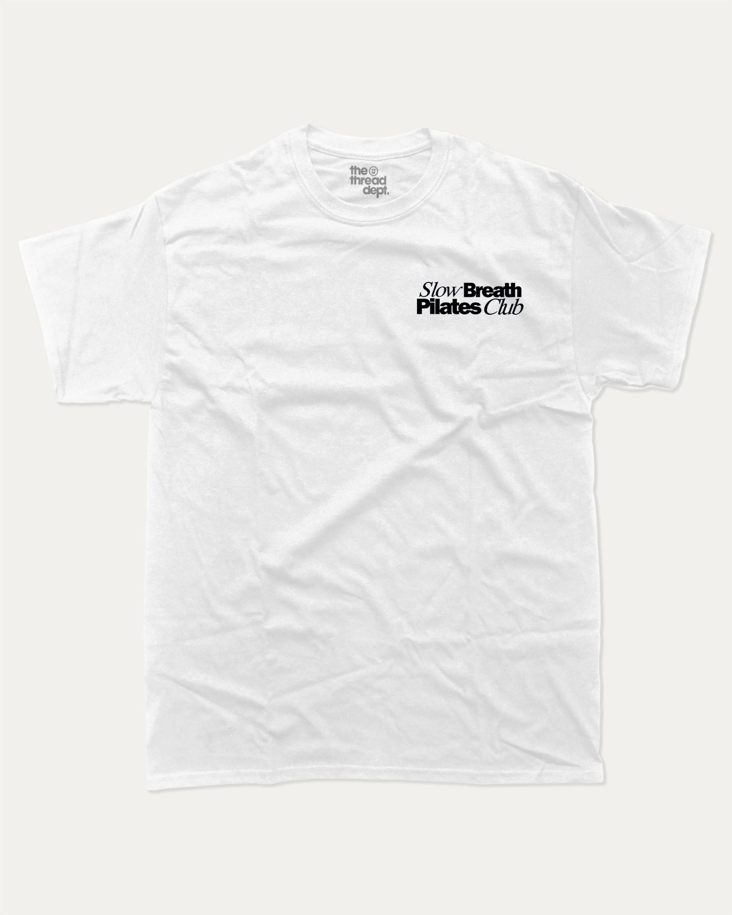 Slow Breath Pilates Club graphic tee with bold and humorous print, Pilates Graphic tee, Excercise Graphic tee, Workout t shirt, Perfect Gift for fit people, funny and trendy graphic. Perfect for adults and gift-giving. White shirt.