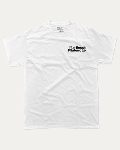 Slow Breath Pilates Club graphic tee with bold and humorous print, Pilates Graphic tee, Excercise Graphic tee, Workout t shirt, Perfect Gift for fit people, funny and trendy graphic. Perfect for adults and gift-giving. White shirt.