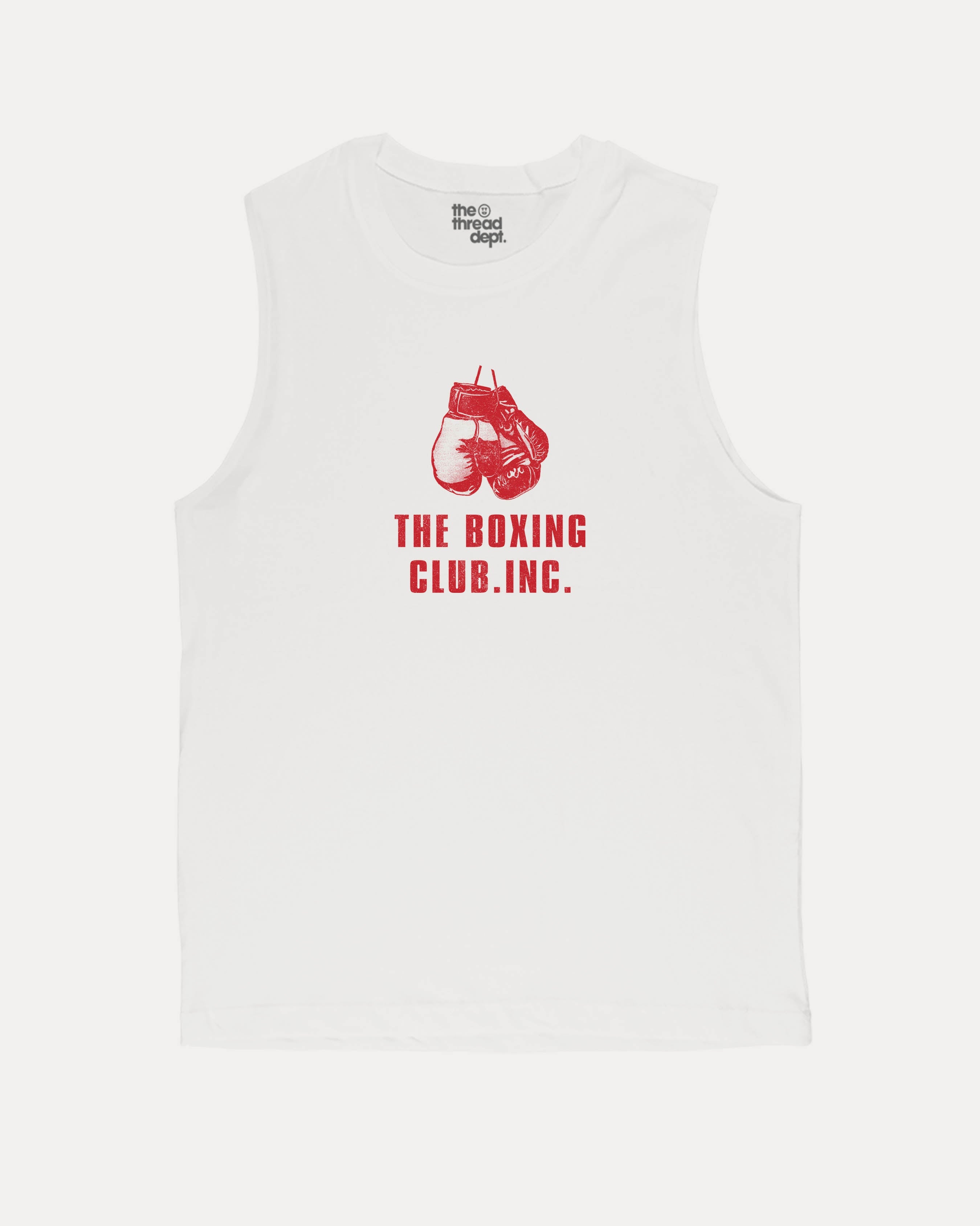 The Boxing Club men’s graphic muscle tee with bold and athletic graphic print, Sports Graphic T shirt, Atheletic Graphic T shirt, perfect for gym or casual wear. Funny and functional gift idea. White muscle top.