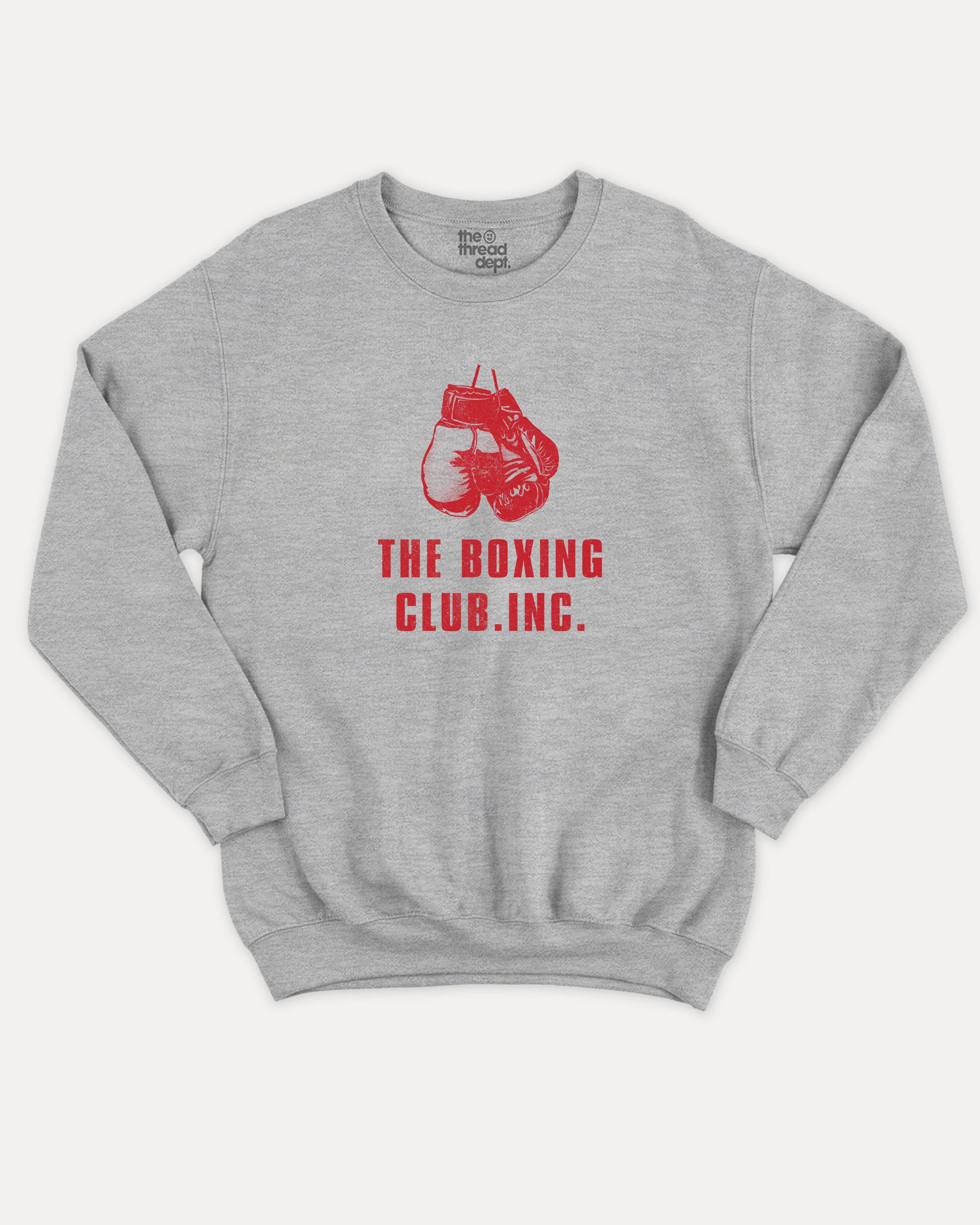 The Boxing Club graphic sweatshirt with bold and humorous print, Sports Graphic T shirt, Atheletic Graphic T shirt, warm and cozy graphic for everyday wear. Perfect for adults and gift-giving. Heather Grey pullover.