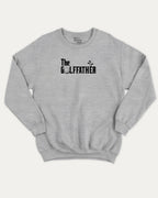 The golffather graphic sweatshirt with bold and humorous print, T shirt for Golf Lover, Golf Graphic T shirt, Perfect Gift for Golfer, warm and cozy graphic for everyday wear. Perfect for adults and gift-giving. Heather Grey pullover.