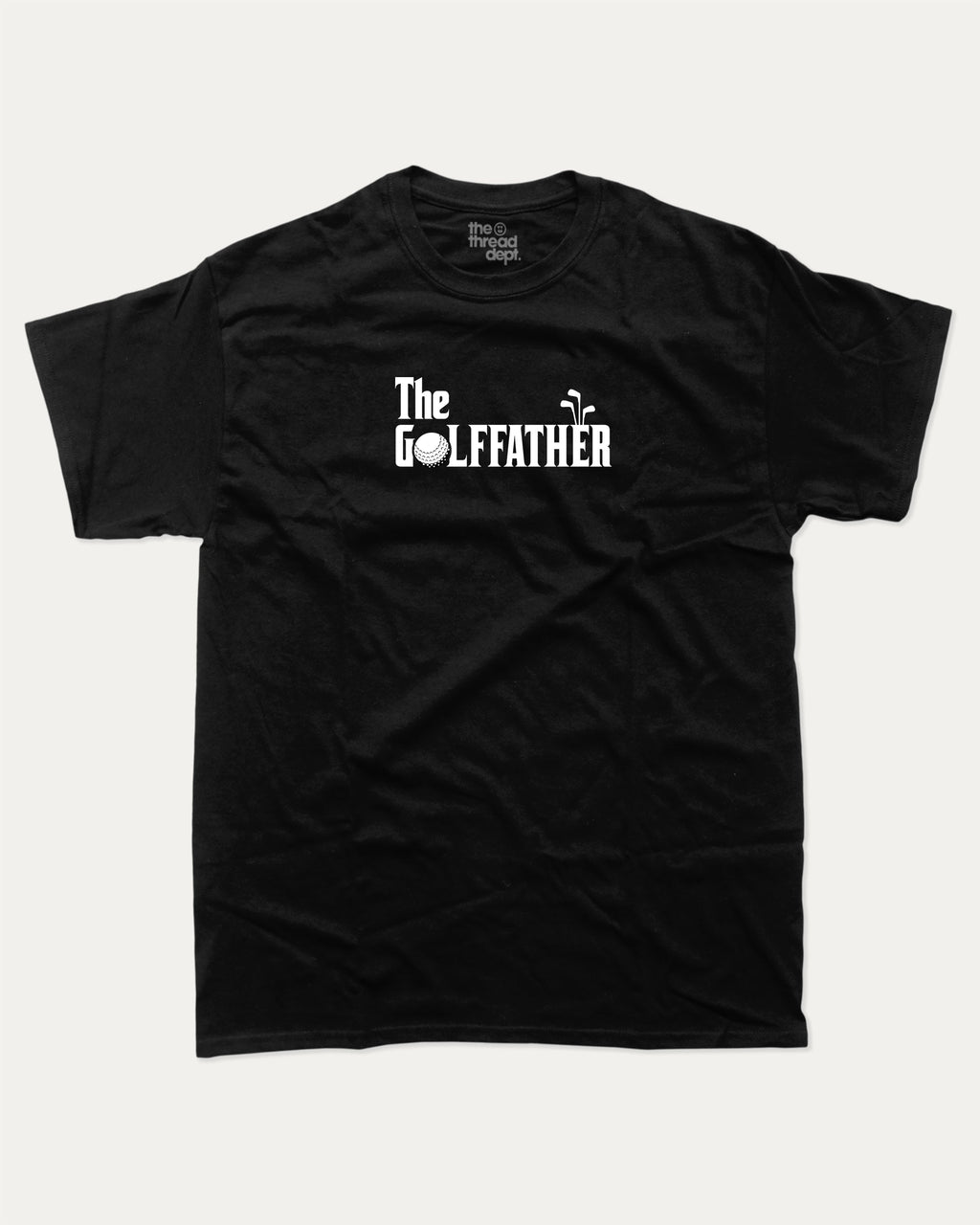 The golffather graphic tee with bold and humorous print, T shirt for Golf Lover, Golf Graphic T shirt, Perfect Gift for Golfer, funny and trendy graphic. Perfect for adults and gift-giving. Black shirt.
