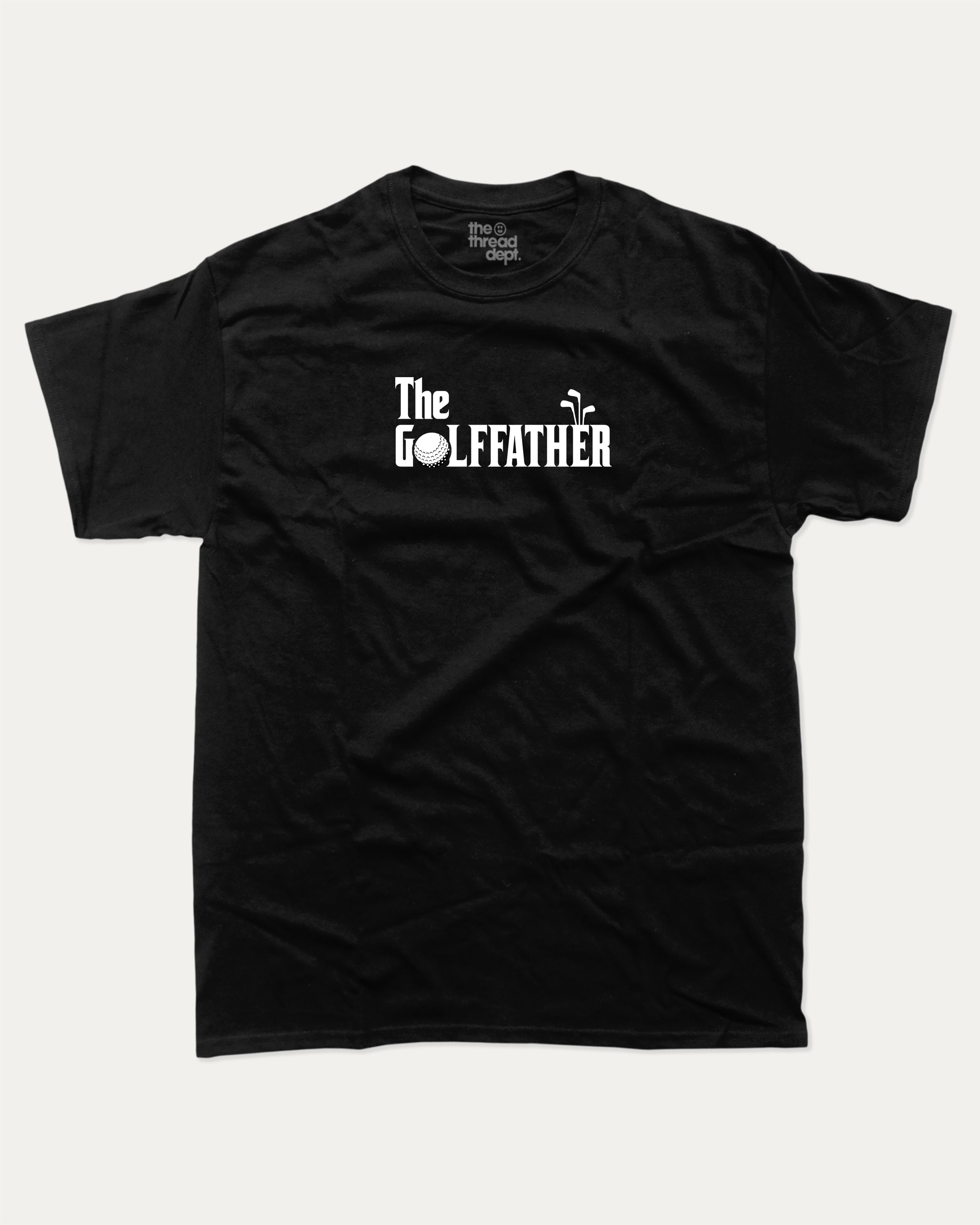 The golffather graphic tee with bold and humorous print, T shirt for Golf Lover, Golf Graphic T shirt, Perfect Gift for Golfer, funny and trendy graphic. Perfect for adults and gift-giving. Black shirt.