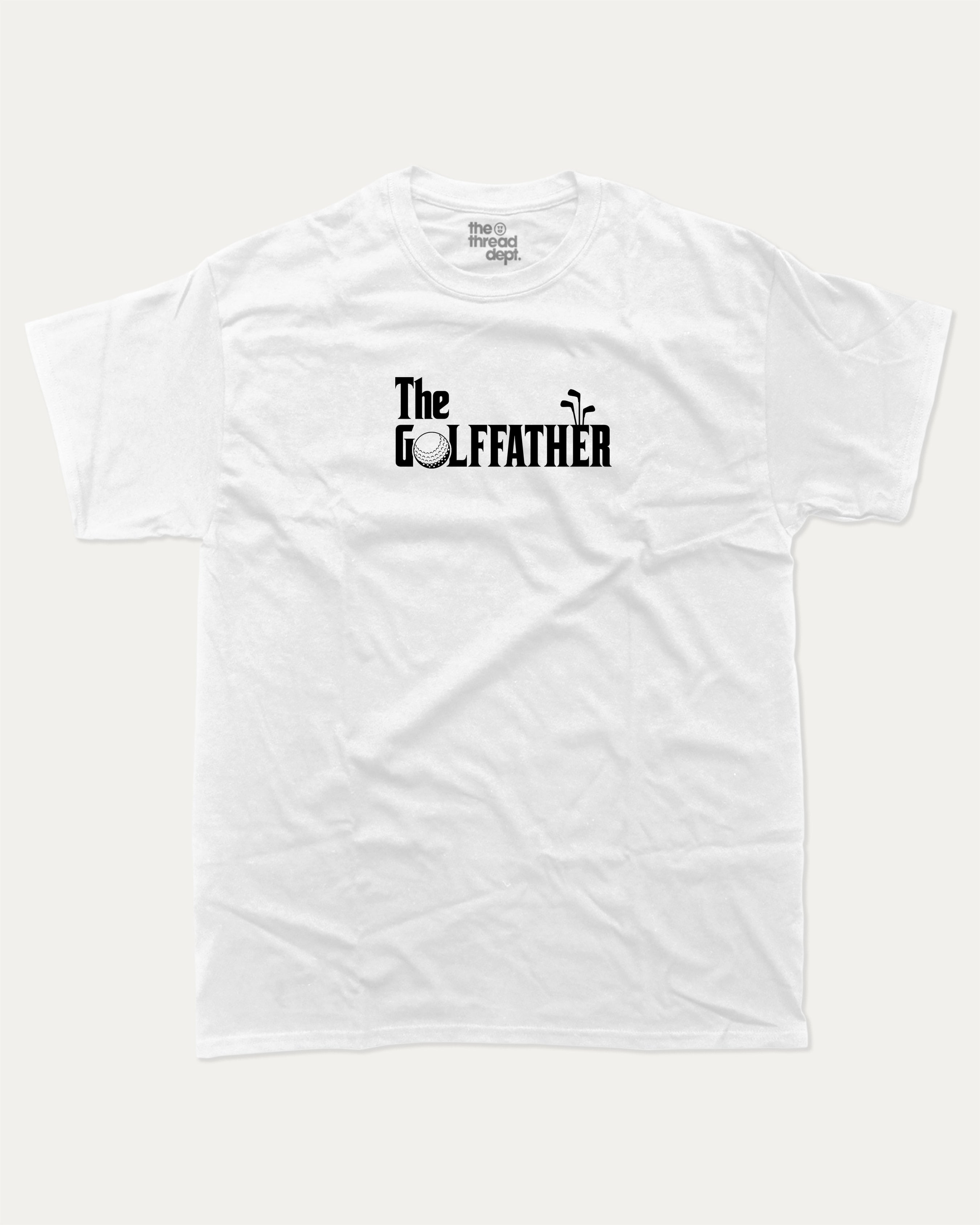 The golffather graphic tee with bold and humorous print, T shirt for Golf Lover, Golf Graphic T shirt, Perfect Gift for Golfer, funny and trendy graphic. Perfect for adults and gift-giving. White shirt.
