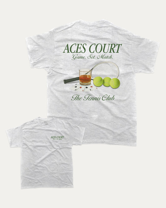 The Tennis Club graphic tee with bold and humorous print, Vintage tennis graphic. Perfect for adults and gift-giving. Ash Grey shirt.