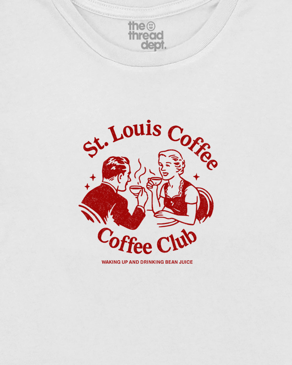 White t-shirt with red 'St. Louis Coffee Club' graphic and text on a white background.