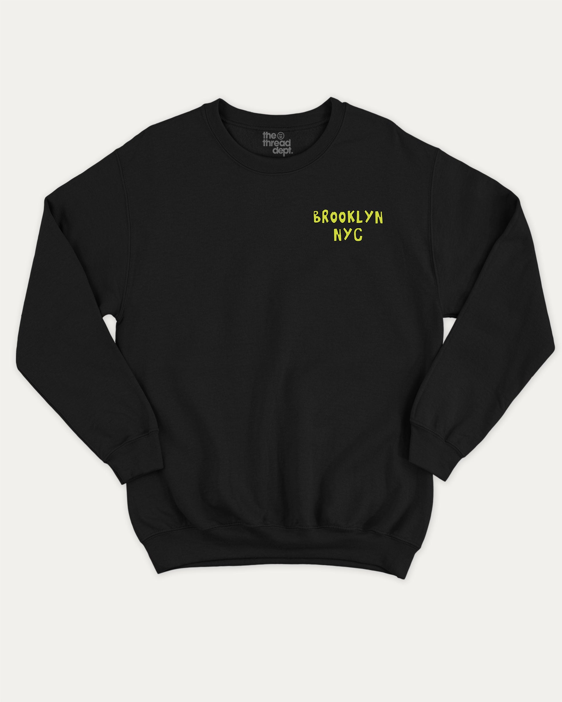 Brooklyn graphic sweatshirt with bold and humorous print, warm and cozy graphic for everyday wear. New York City Graphic Pull Over, State Graphic Pull Over Perfect for adults and gift-giving. Black pullover.