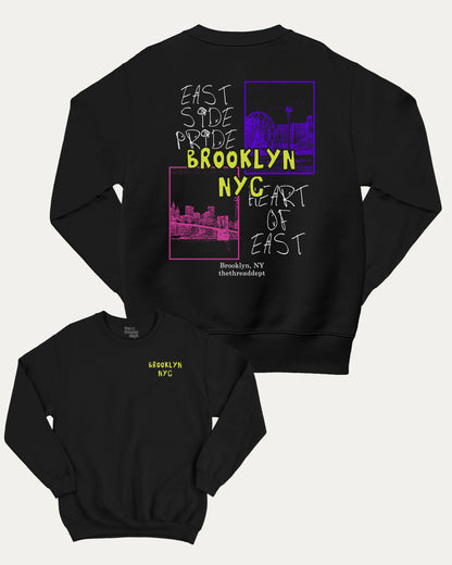 Brooklyn graphic sweatshirt with bold and humorous print, warm and cozy graphic for everyday wear. New York City Graphic Pull Over, State Graphic Pull Over Perfect for adults and gift-giving. Black pullover.