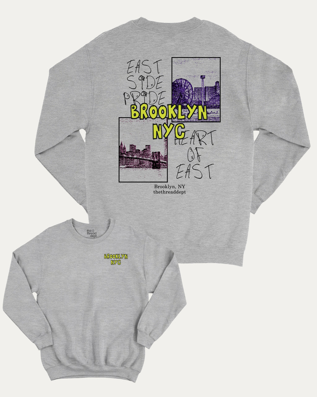 Brooklyn graphic sweatshirt with bold and humorous print, warm and cozy graphic for everyday wear. New York City Graphic Pull Over, State Graphic Pull Over Perfect for adults and gift-giving. Heather Grey pullover.