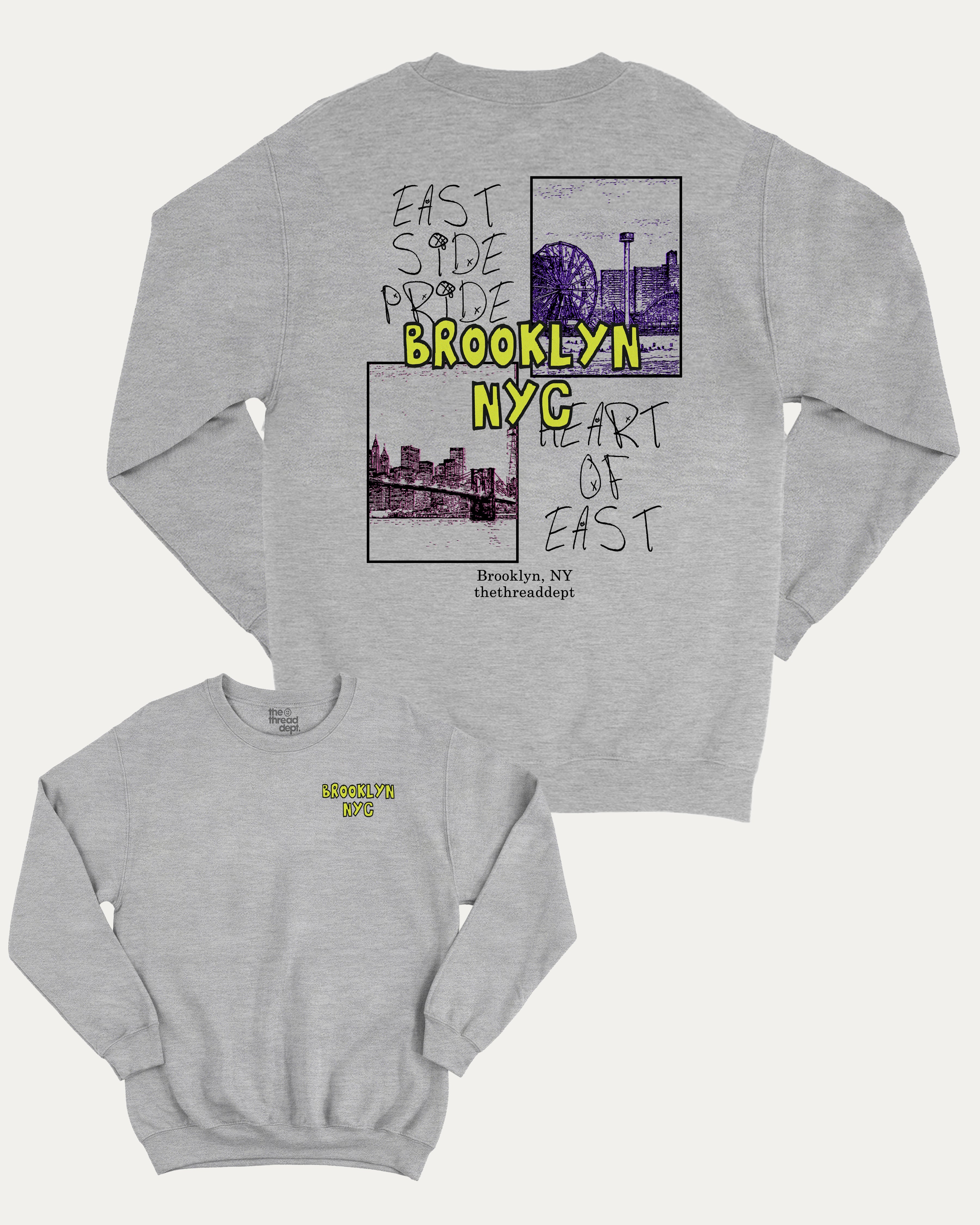 Brooklyn graphic sweatshirt with bold and humorous print, warm and cozy graphic for everyday wear. New York City Graphic Pull Over, State Graphic Pull Over Perfect for adults and gift-giving. Heather Grey pullover.