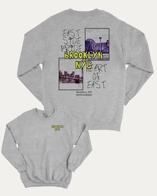Brooklyn graphic sweatshirt with bold and humorous print, warm and cozy graphic for everyday wear. New York City Graphic Pull Over, State Graphic Pull Over Perfect for adults and gift-giving. Heather Grey pullover.