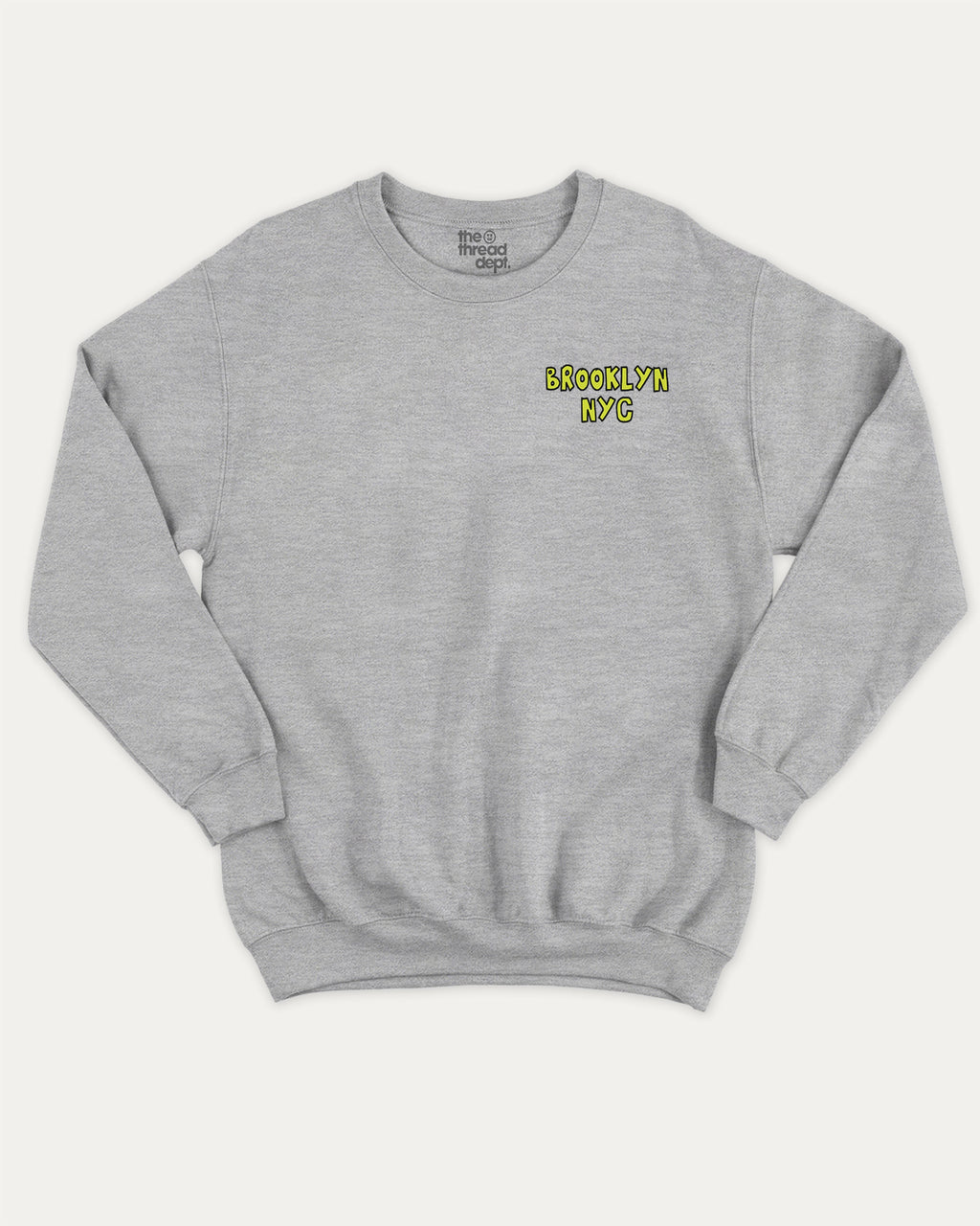 Brooklyn graphic sweatshirt with bold and humorous print, warm and cozy graphic for everyday wear. New York City Graphic Pull Over, State Graphic Pull Over Perfect for adults and gift-giving. Heather Grey pullover.