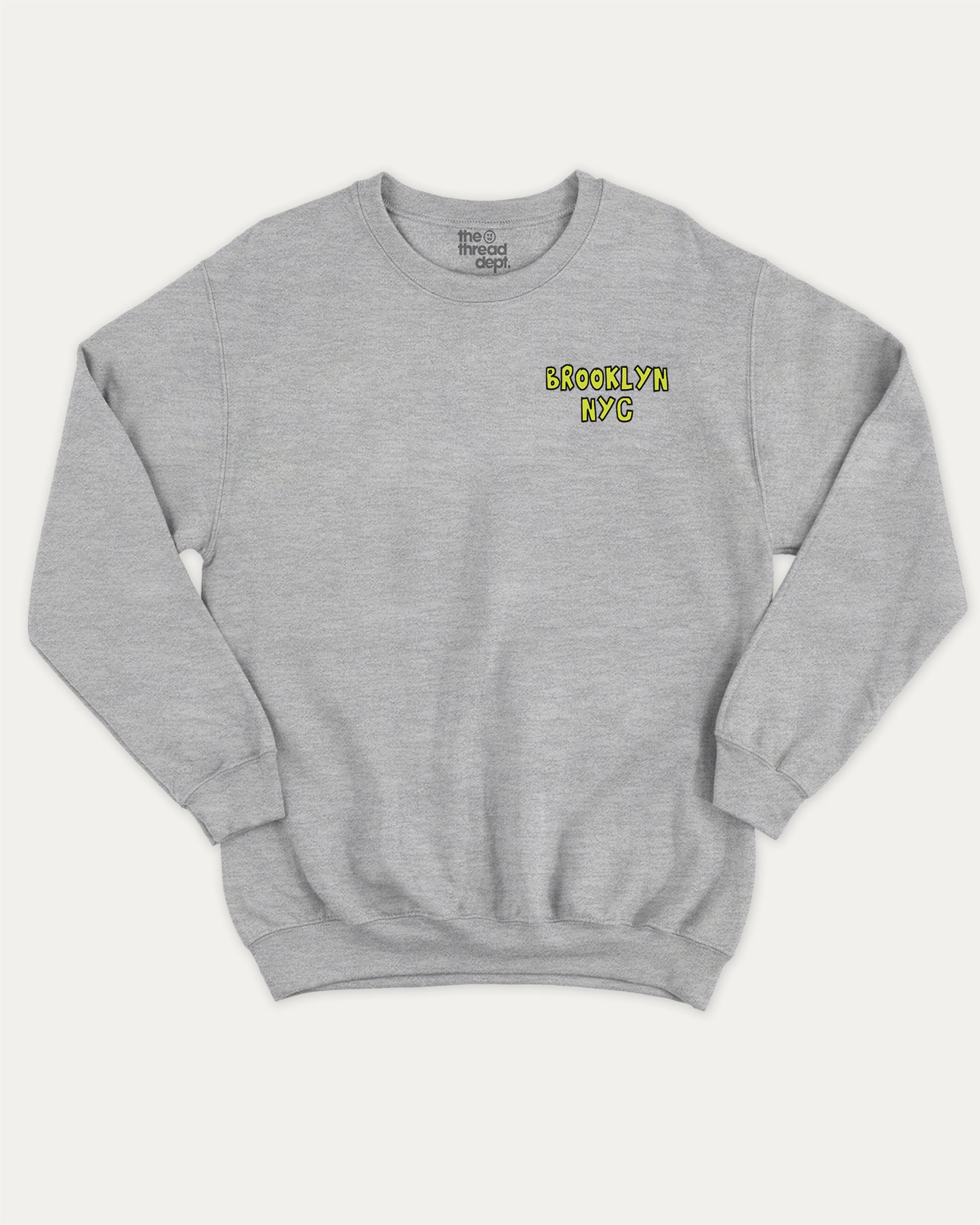 Brooklyn graphic sweatshirt with bold and humorous print, warm and cozy graphic for everyday wear. New York City Graphic Pull Over, State Graphic Pull Over Perfect for adults and gift-giving. Heather Grey pullover.