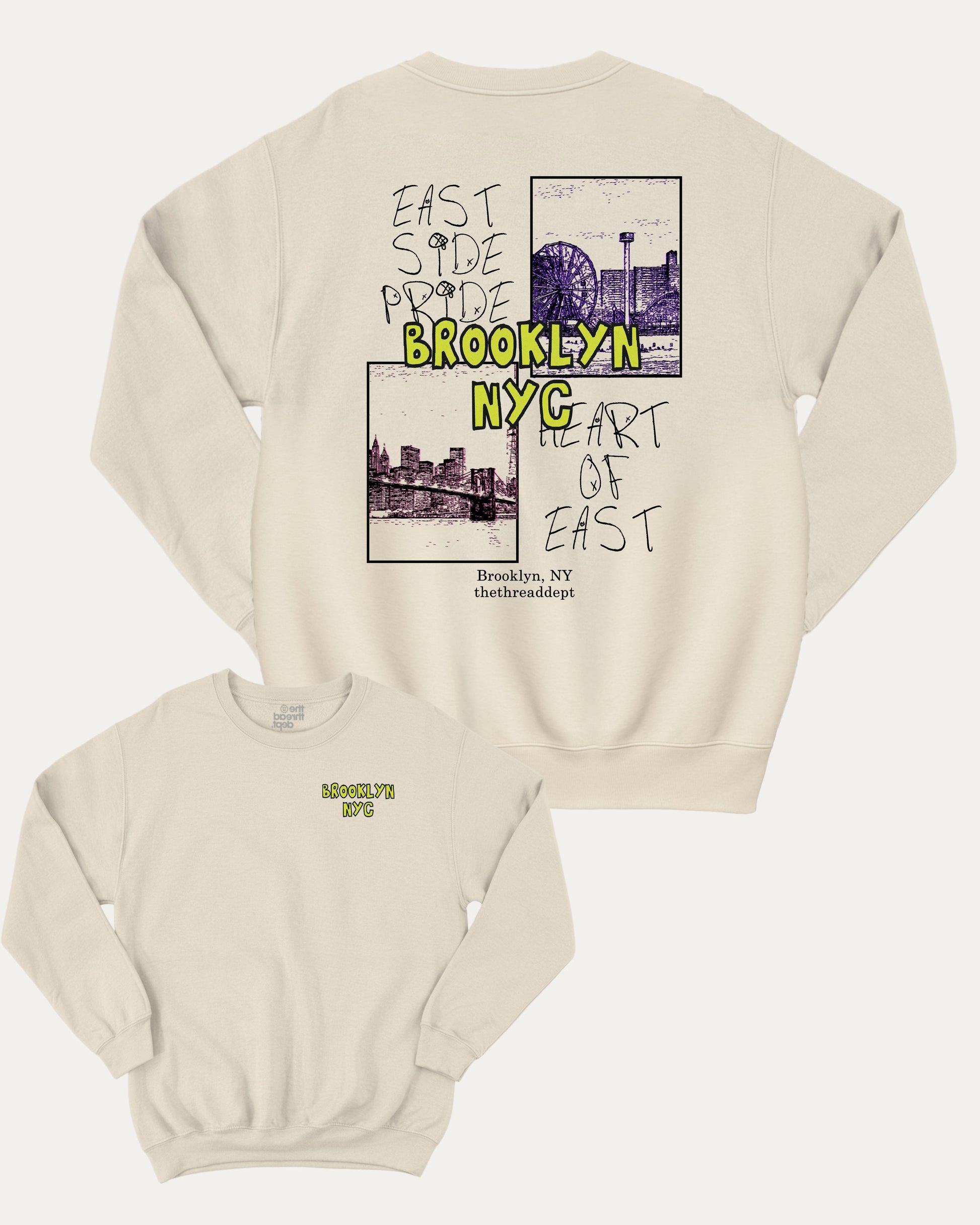 Brooklyn graphic sweatshirt with bold and humorous print, warm and cozy graphic for everyday wear. New York City Graphic Pull Over, State Graphic Pull Over Perfect for adults and gift-giving. Natural pullover.