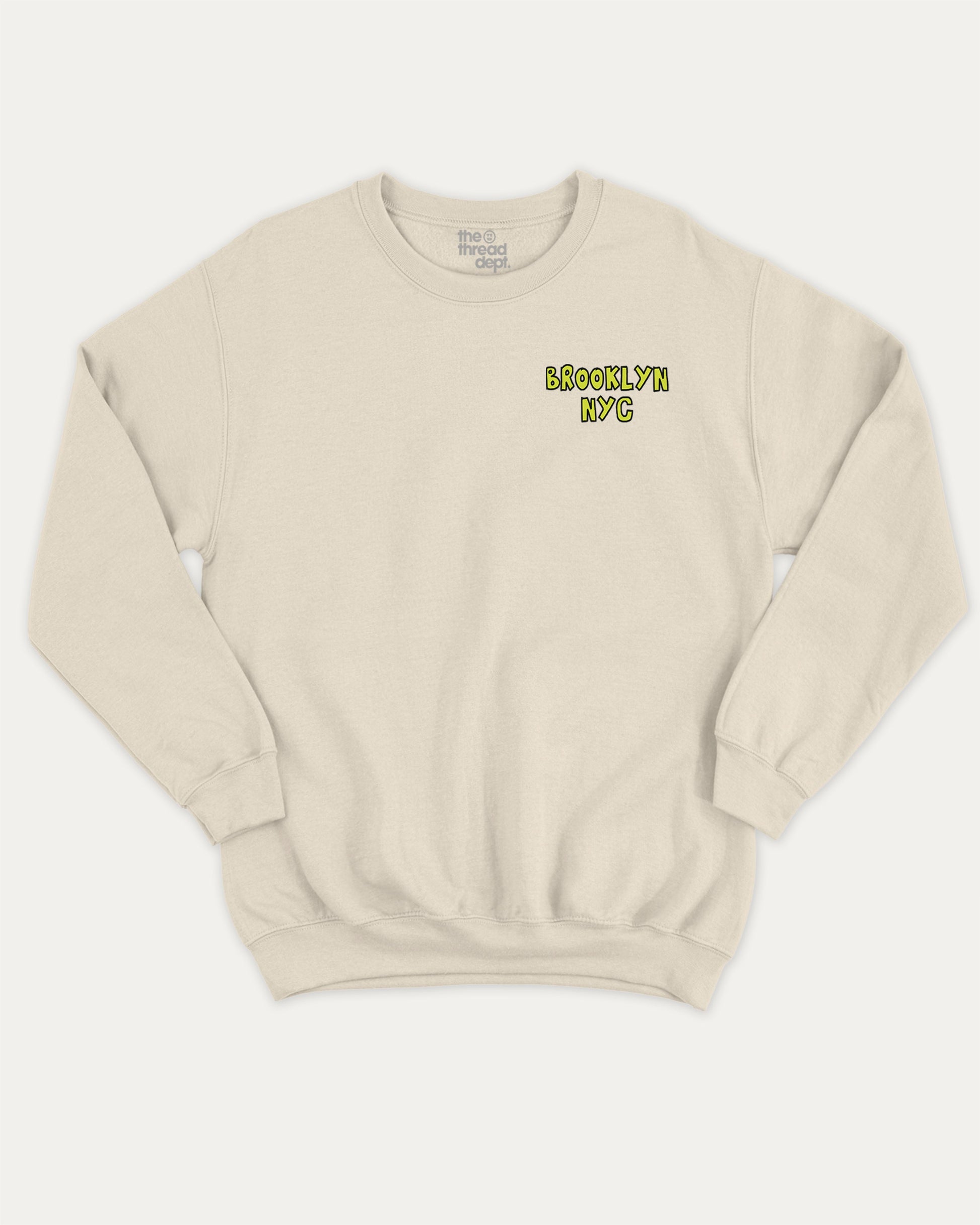 Brooklyn graphic sweatshirt with bold and humorous print, warm and cozy graphic for everyday wear. New York City Graphic Pull Over, State Graphic Pull Over Perfect for adults and gift-giving. Natural pullover.