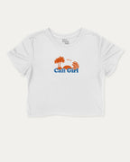Cali Girl graphic crop tee with vintage california print, perfect for women_ casual looks or layering. White crop t-shirt.
