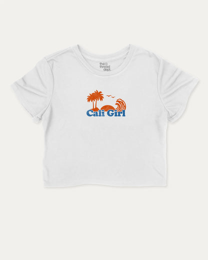 Cali Girl graphic crop tee with vintage california print, perfect for women’s casual looks or layering. White crop t-shirt.