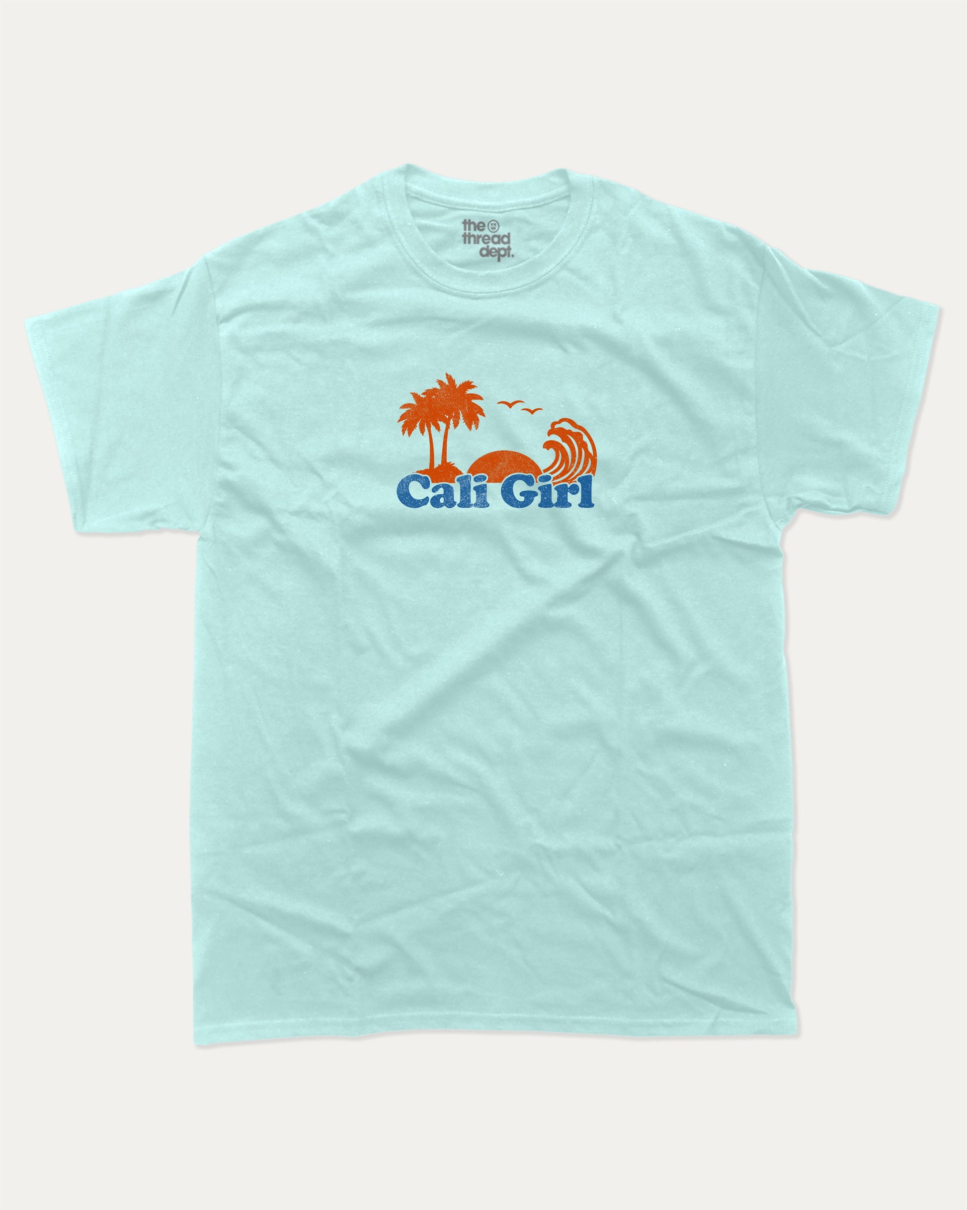 Cali Girl graphic tee with vintage california print, funny and trendy graphic. Perfect for adults and gift-giving. Celadon shirt.