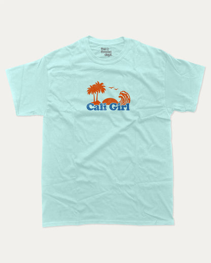 Cali Girl graphic tee with vintage california print, funny and trendy graphic. Perfect for adults and gift-giving. Celadon shirt.