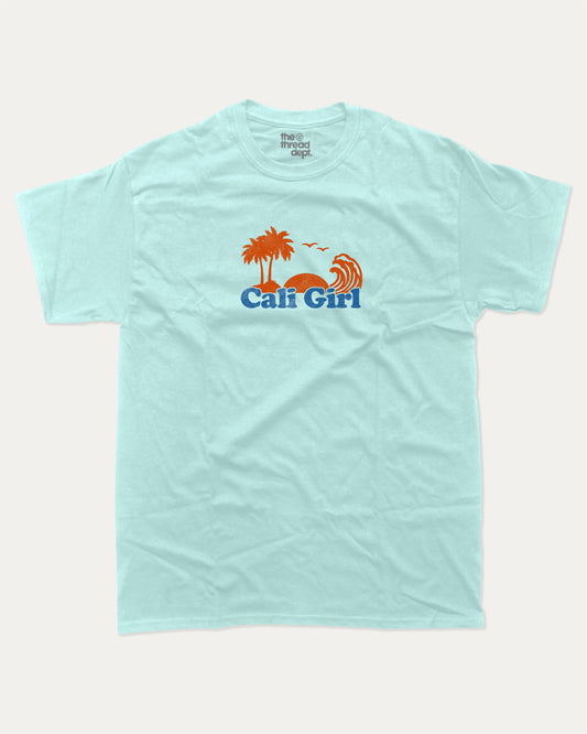 Cali Girl graphic tee with vintage california print, funny and trendy graphic. Perfect for adults and gift-giving. Celadon shirt.