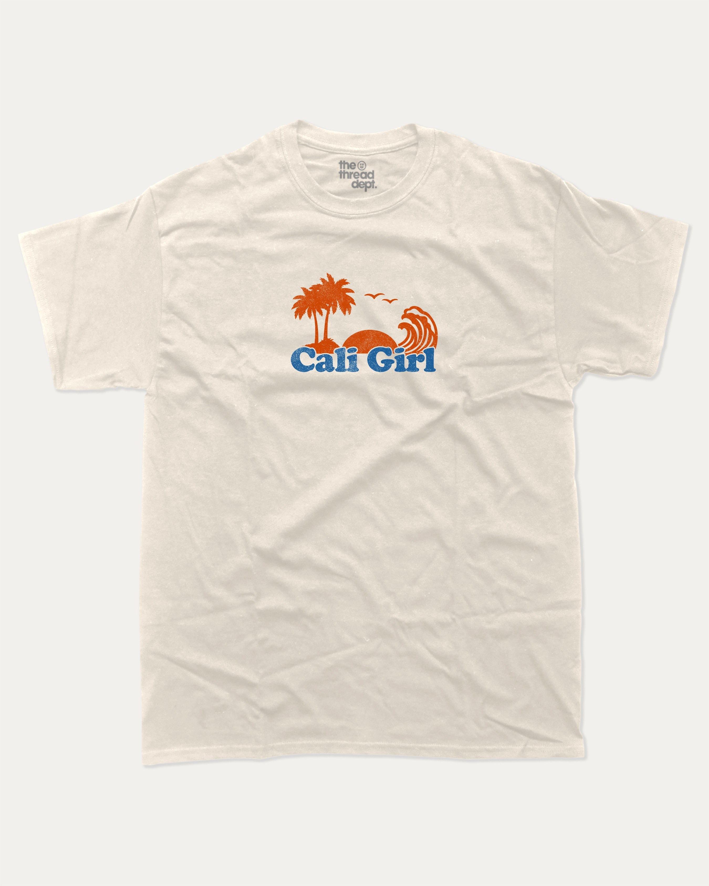 Cali Girl graphic tee with vintage california print, funny and trendy graphic. Perfect for adults and gift-giving. Cream shirt.