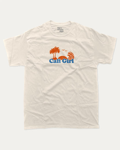 Cali Girl graphic tee with vintage california print, funny and trendy graphic. Perfect for adults and gift-giving. Cream shirt.