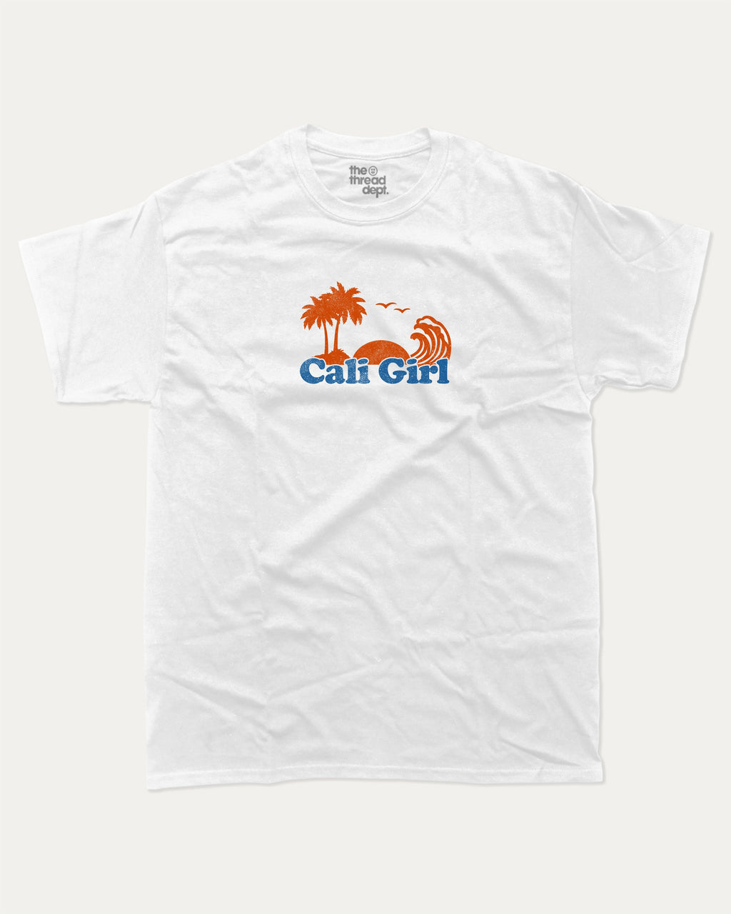 Cali Girl graphic tee with vintage california print, funny and trendy graphic. Perfect for adults and gift-giving. White shirt.