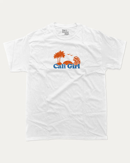 Cali Girl graphic tee with vintage california print, funny and trendy graphic. Perfect for adults and gift-giving. White shirt.