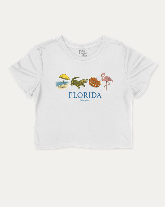 Florida Vintage Icons cute and trendy crop tee with nostalgic graphic, perfect for women. Gift for traveler, souvenir idea, retro state crop t-shirt. White crop tee