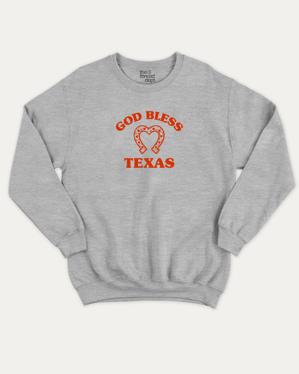God Bless Taxas graphic sweatshirt with bold and humorous print, warm and cozy graphic for everyday wear. Perfect for adults and gift-giving. Heather Grey pullover.