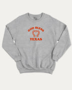 God Bless Taxas graphic sweatshirt with bold and humorous print, warm and cozy graphic for everyday wear. Perfect for adults and gift-giving. Heather Grey pullover.
