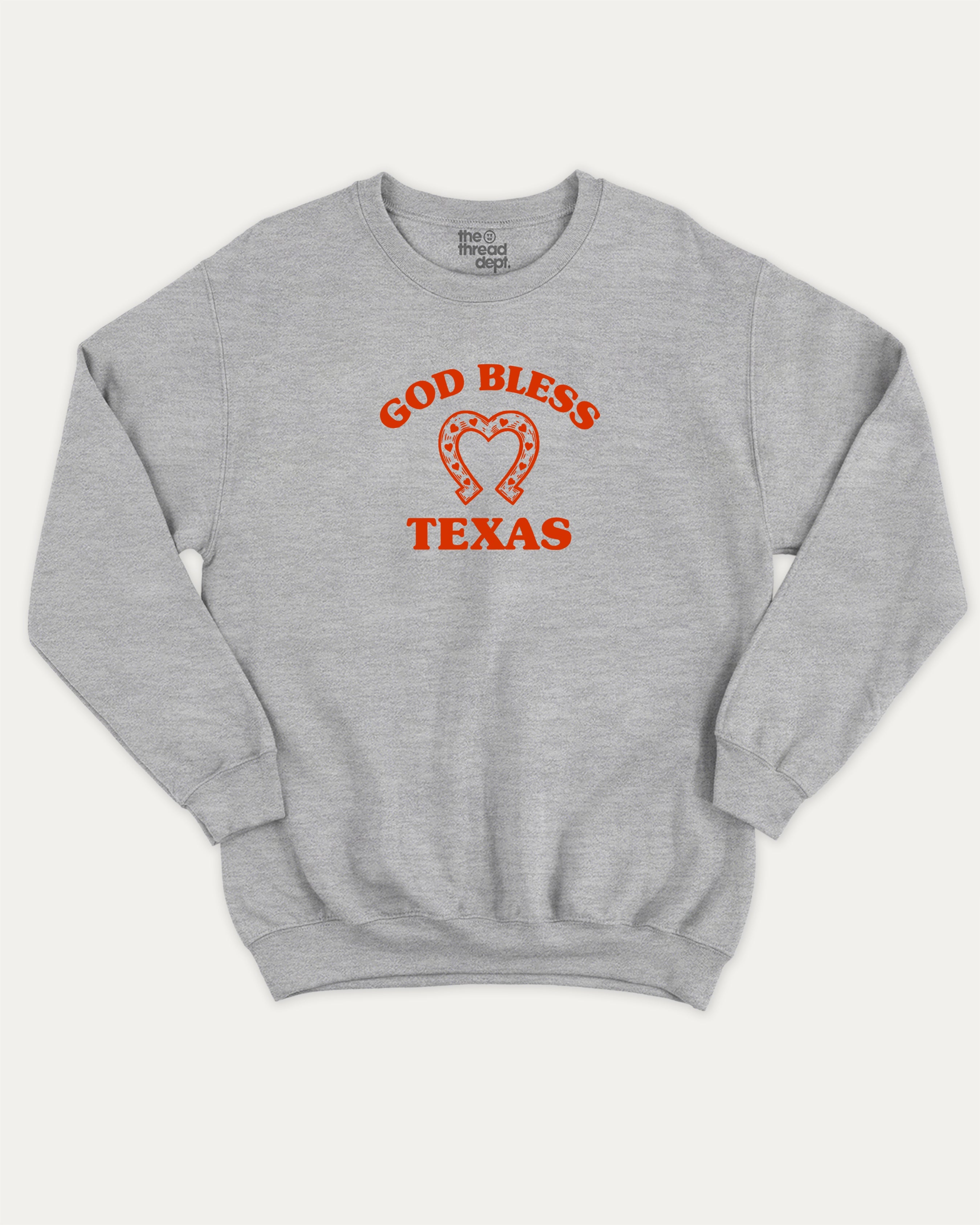 God Bless Taxas graphic sweatshirt with bold and humorous print, warm and cozy graphic for everyday wear. Perfect for adults and gift-giving. Heather Grey pullover.