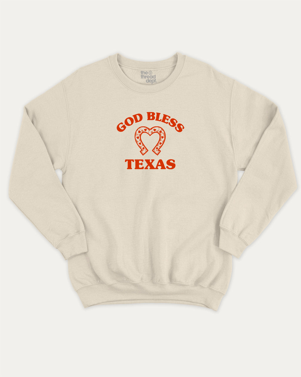 God Bless Taxas graphic sweatshirt with bold and humorous print, warm and cozy graphic for everyday wear. Perfect for adults and gift-giving. Natural pullover.