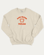 God Bless Taxas graphic sweatshirt with bold and humorous print, warm and cozy graphic for everyday wear. Perfect for adults and gift-giving. Natural pullover.