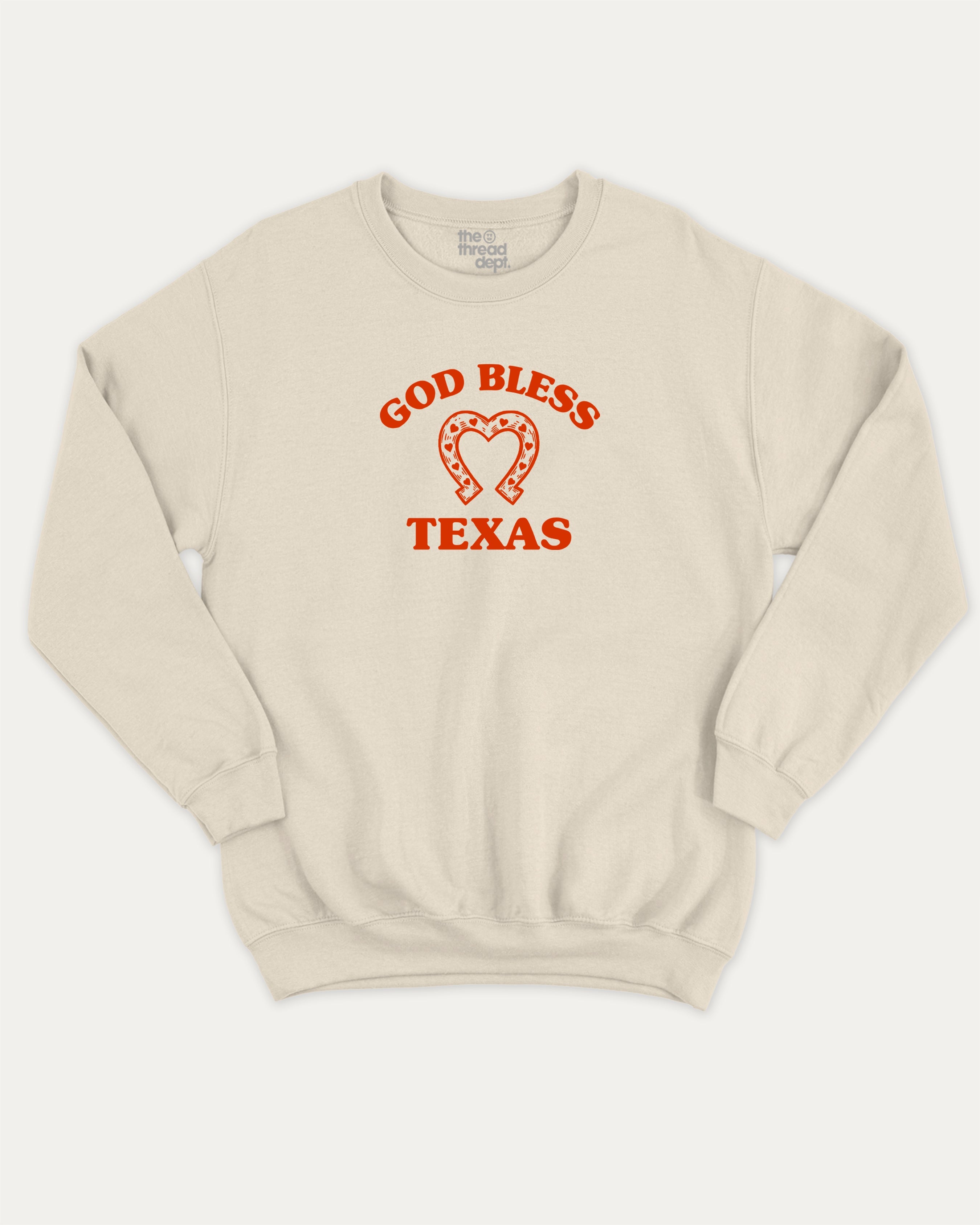 God Bless Taxas graphic sweatshirt with bold and humorous print, warm and cozy graphic for everyday wear. Perfect for adults and gift-giving. Natural pullover.