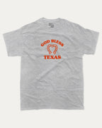 God Bless Taxas graphic tee with bold and humorous print, funny and trendy graphic. Perfect for adults and gift-giving. Heather Grey shirt.