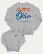 Good Days In Ohio graphic sweatshirt with bold and humorous print, warm and cozy graphic for everyday wear. Perfect for adults and gift-giving. Heather Grey pullover.