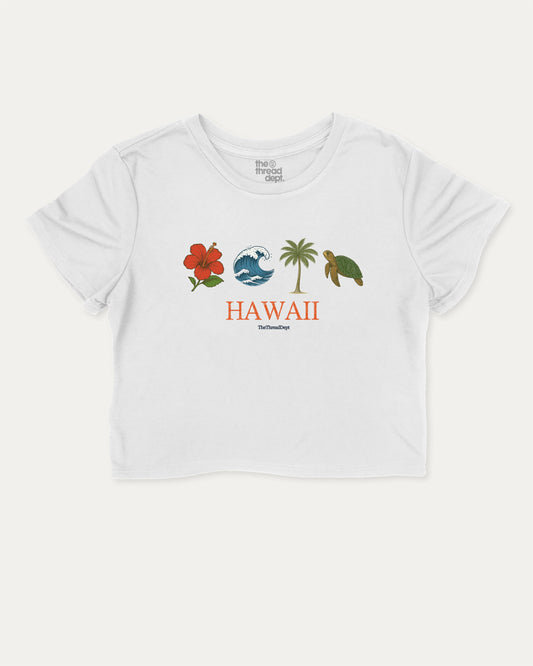 Hawaii Vintage Icons cute and trendy crop tee, Vintage Hawaii shirt, tropical island tee, beach lover gifts, summer fashion. White crop tee