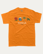Hawaii Vintage Icons graphic t-shirt, Vintage Hawaii shirt, tropical island tee, beach lover gifts, summer fashion. Orange.
