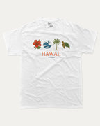 Hawaii Vintage Icons graphic t-shirt, Vintage Hawaii shirt, tropical island tee, beach lover gifts, summer fashion. White.