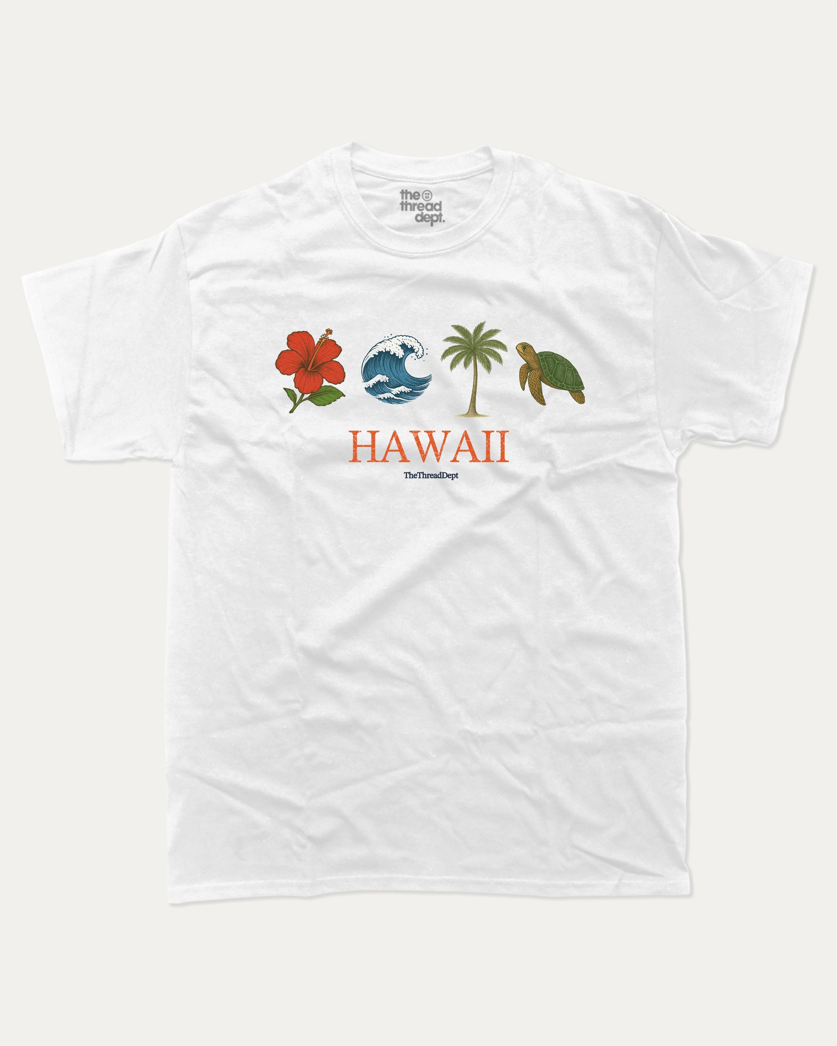 Hawaii Vintage Icons graphic t-shirt, Vintage Hawaii shirt, tropical island tee, beach lover gifts, summer fashion. White.