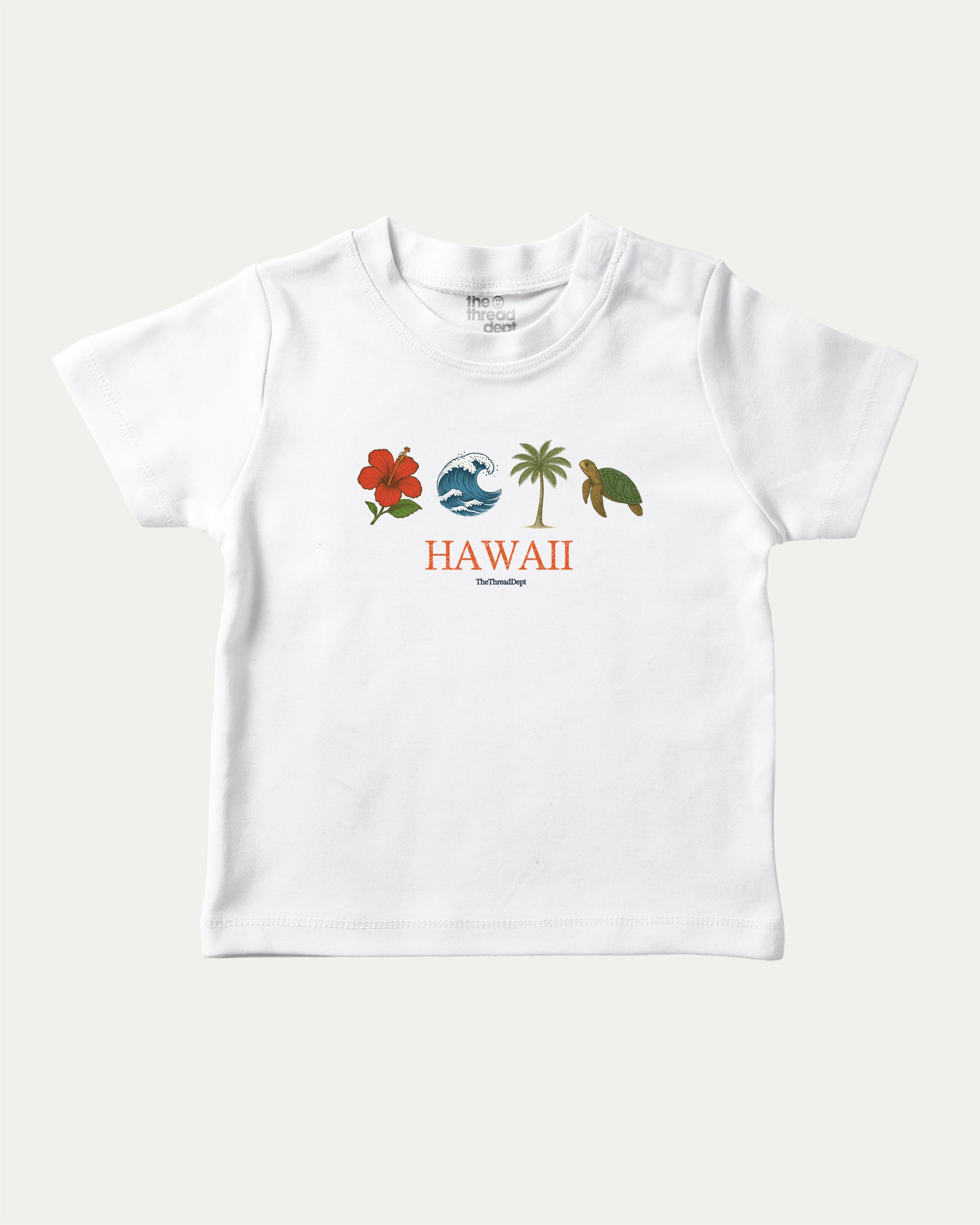 Hawaii Vintage Icons playful kids' graphic tee, Vintage Hawaii shirt, tropical island tee, beach lover gifts, summer fashion. White baby t-shirt