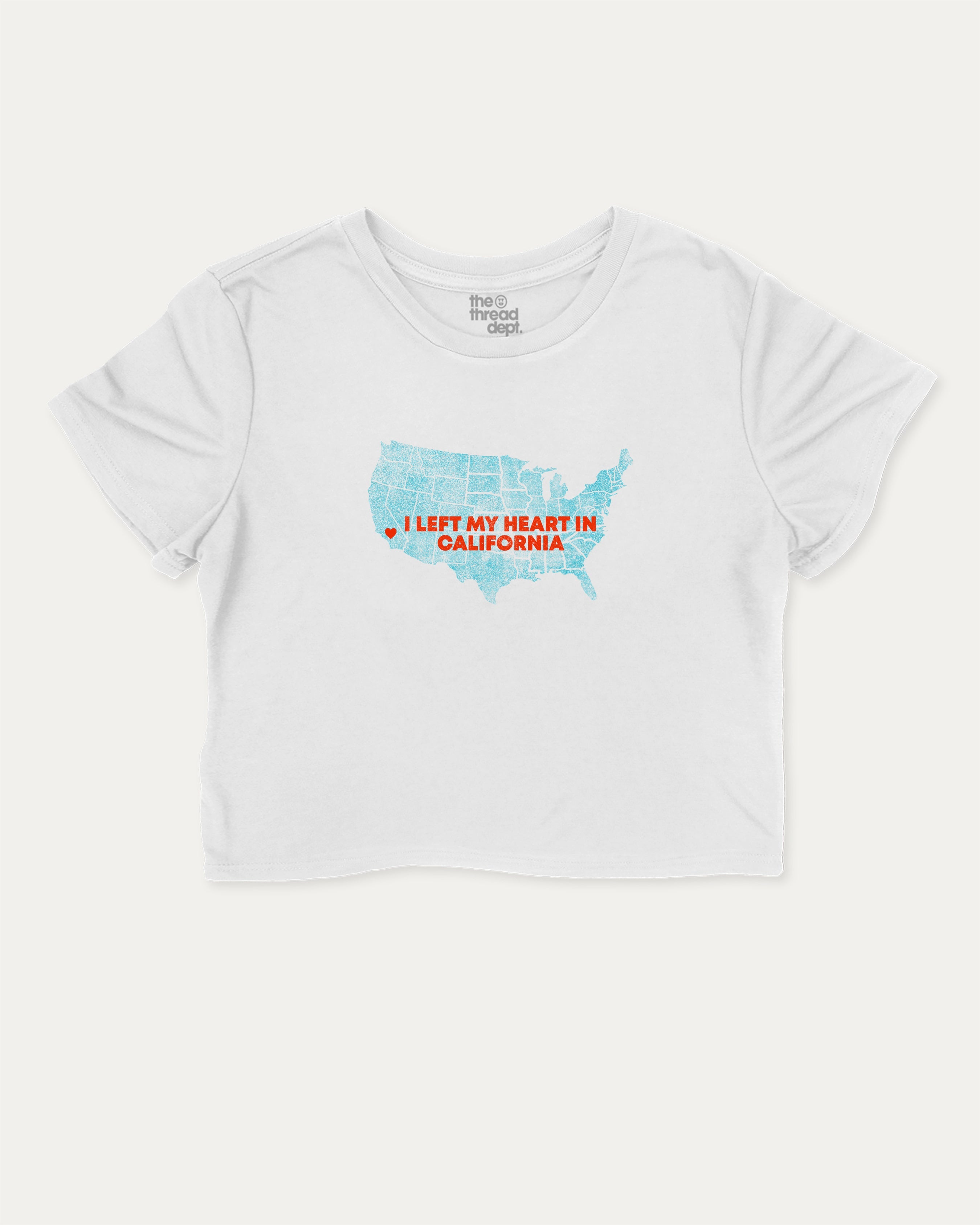 I left my heart in california graphic crop tee with funny and trendy slogan print, perfect for women’s casual looks or layering. White crop t-shirt.
