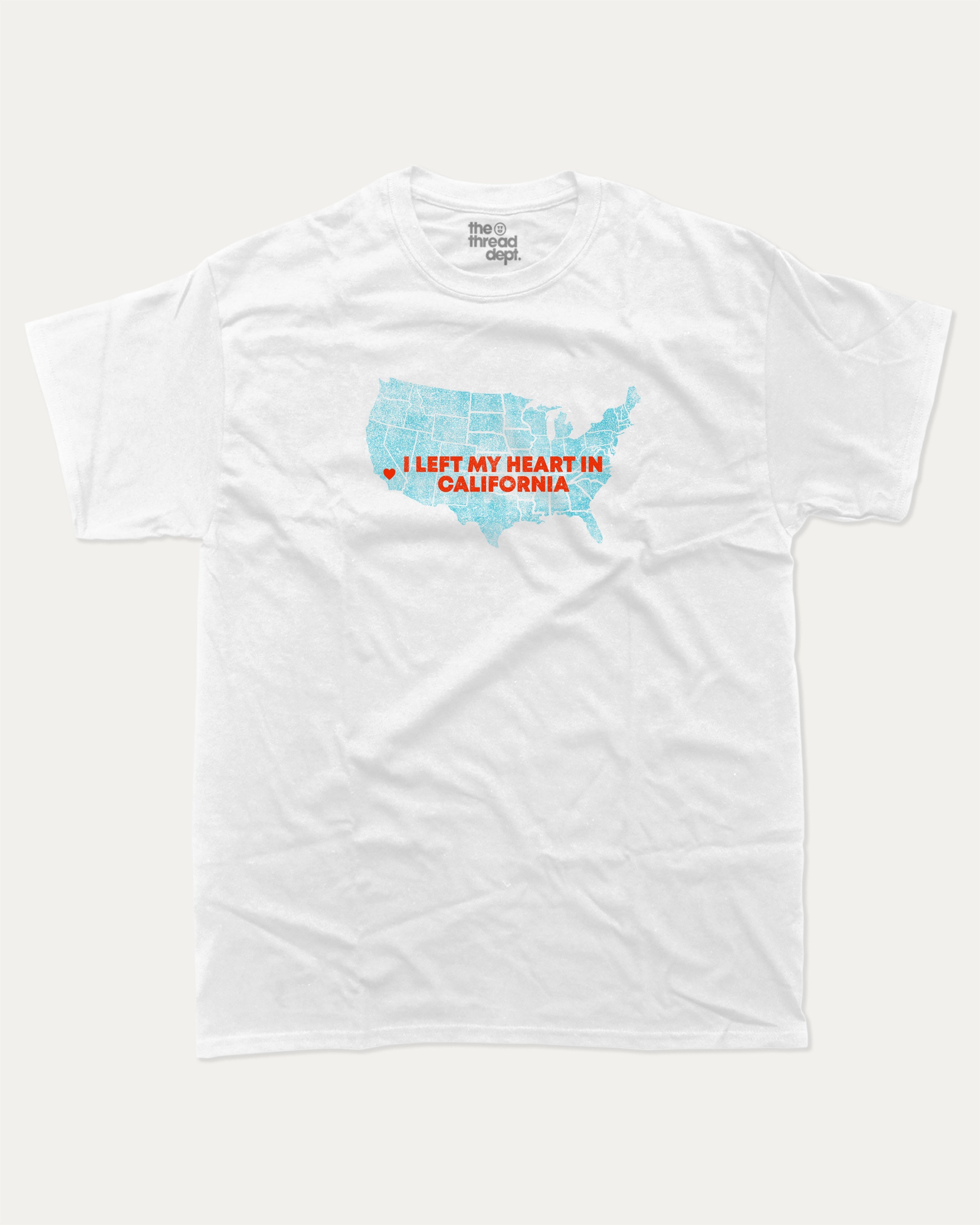 I left my heart in california graphic tee with bold and humorous print, funny and trendy graphic. Perfect for adults and gift-giving. White shirt.