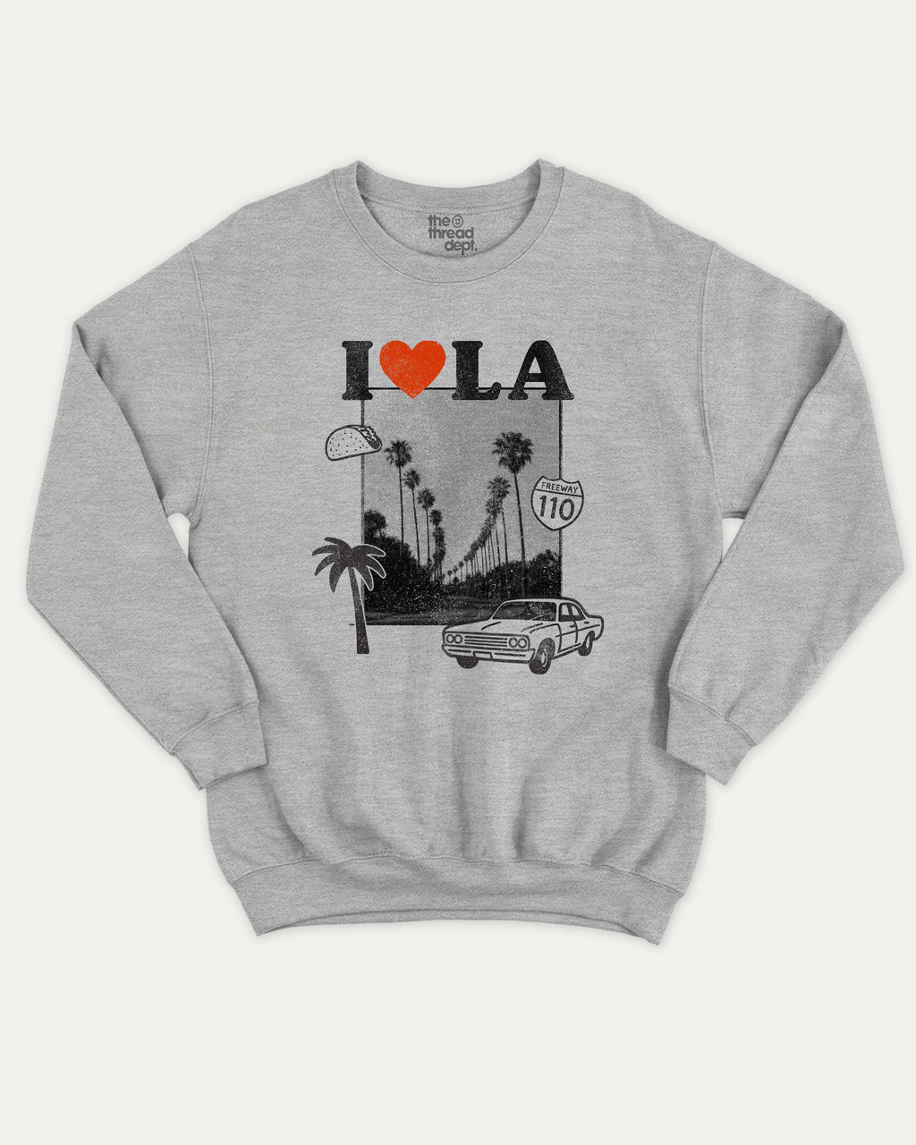 I Love LA graphic sweatshirt with bold and humorous print, State Graphic T shirt, Los Angeles Graphic T shirt, LA City Graphic T shirt, warm and cozy graphic for everyday wear. Perfect for adults and gift-giving. Heather Grey pullover.