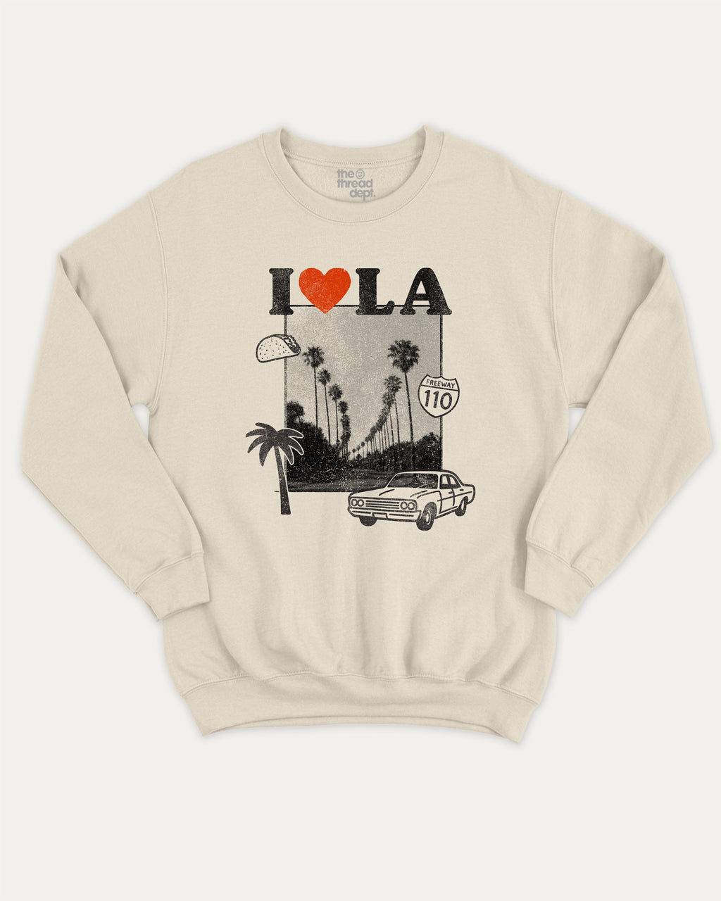 I Love LA graphic sweatshirt with bold and humorous print, State Graphic T shirt, Los Angeles Graphic T shirt, LA City Graphic T shirt, warm and cozy graphic for everyday wear. Perfect for adults and gift-giving. Natural pullover.