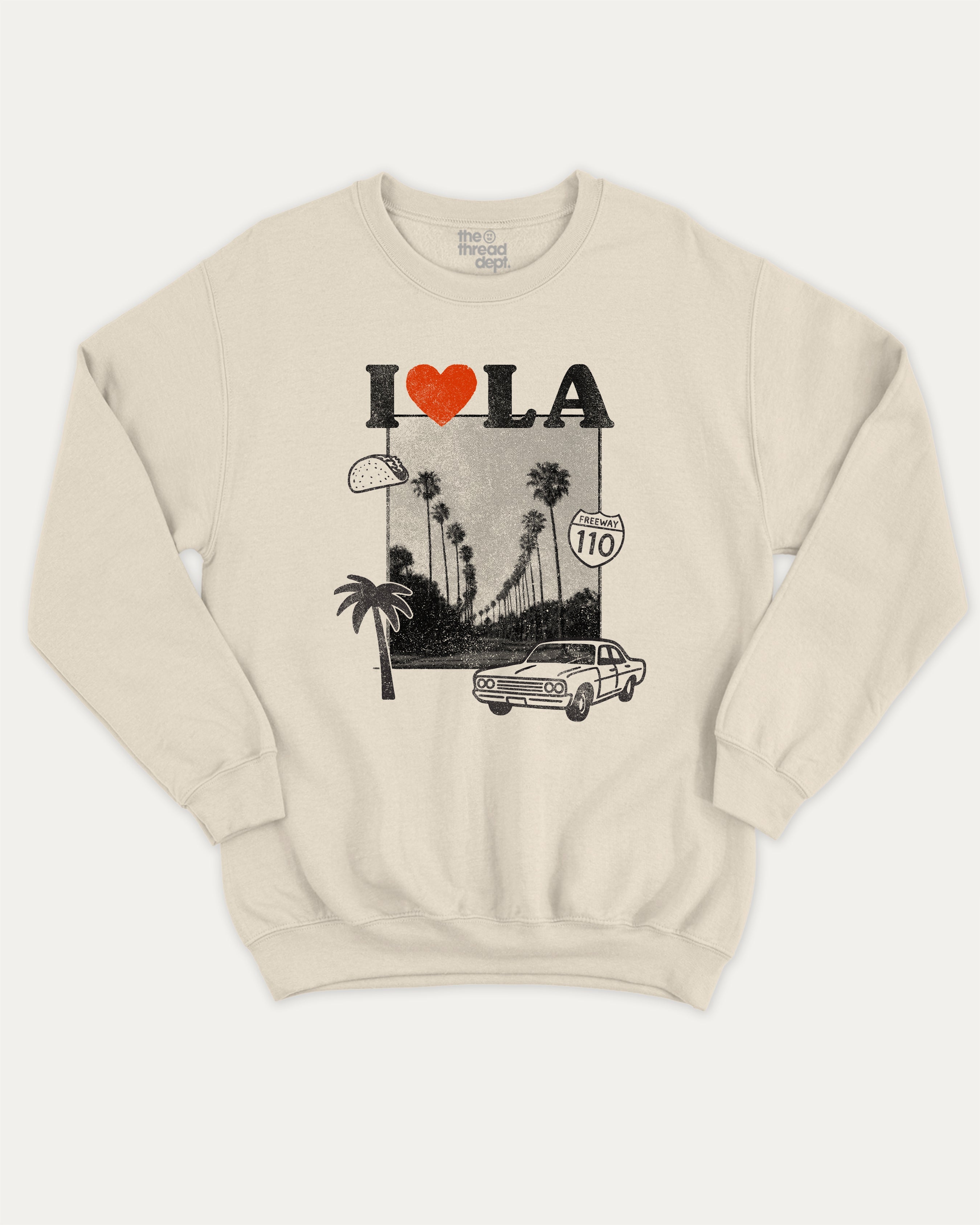 I Love LA graphic sweatshirt with bold and humorous print, State Graphic T shirt, Los Angeles Graphic T shirt, LA City Graphic T shirt, warm and cozy graphic for everyday wear. Perfect for adults and gift-giving. Natural pullover.
